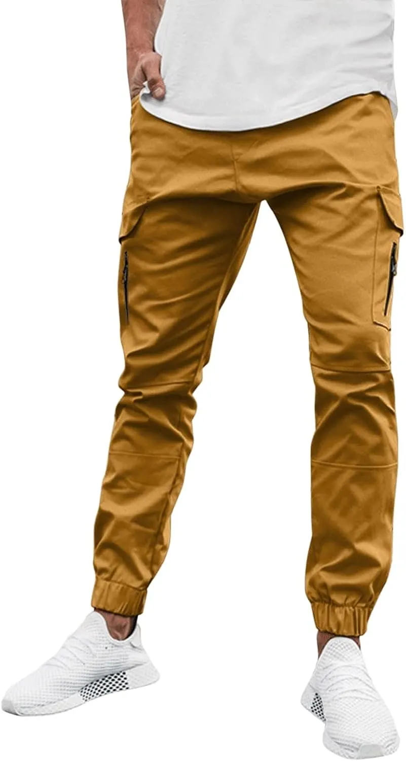 Mens Cargo Pants Stretch Zip Casual Stylish Lightweight Slim Fit Solid Pants Outdoor Sports Yoga Trousers with Pockets