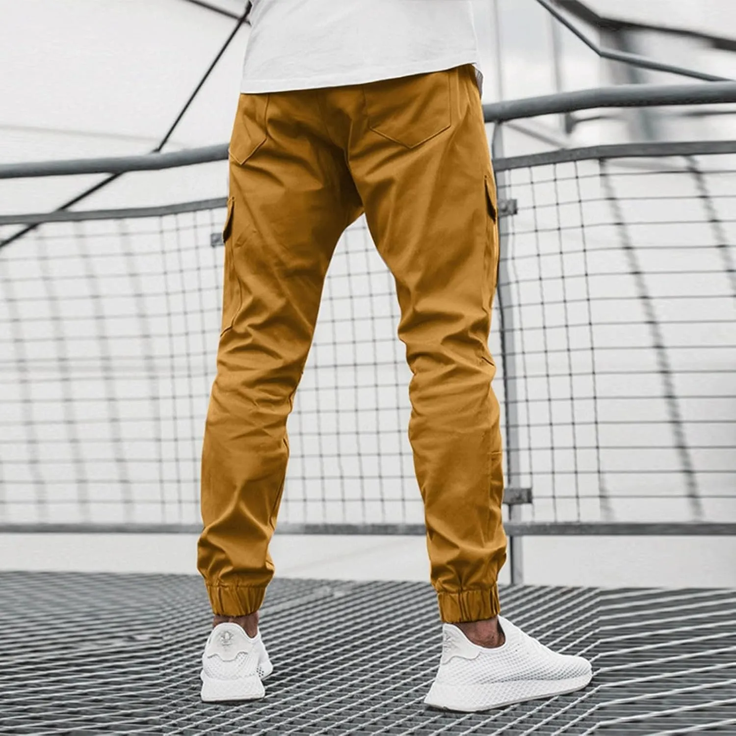 Mens Cargo Pants Stretch Zip Casual Stylish Lightweight Slim Fit Solid Pants Outdoor Sports Yoga Trousers with Pockets