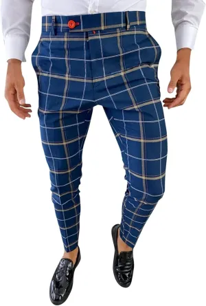 Mens Casual Pants Slim Fit Stretch Skinny Flat-Front Striped Plaid Dress Pants Stylish Checkered Business Chinos Trousers Dark Blue