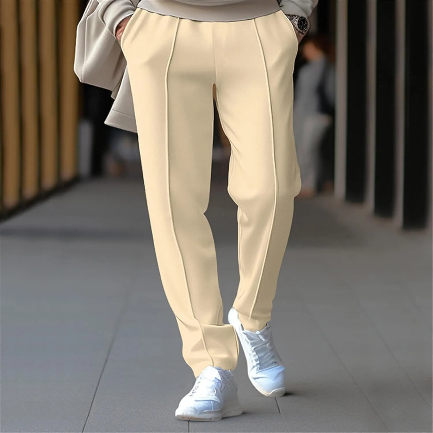 Mens Casual Straight Pants Elastic Waist Vintage Stylish Loose Slim Fit Hippie Solid Pants Outdoor Business Trousers