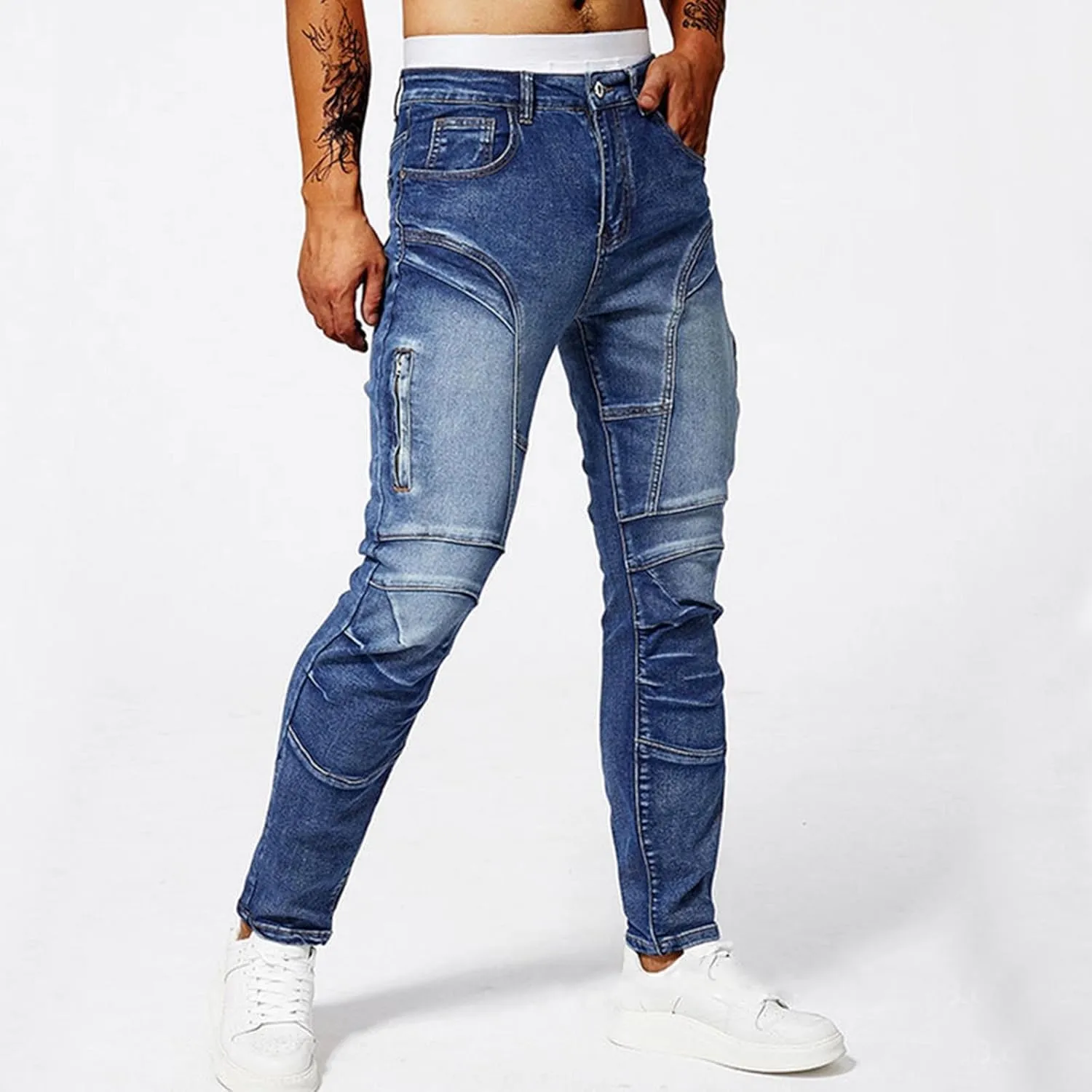 Men's Denim Pants Casual Stylish Steampunk Motorcycle Y2k Pants Distressed Slim Fit Tapered Trousers Jeans Streetwear