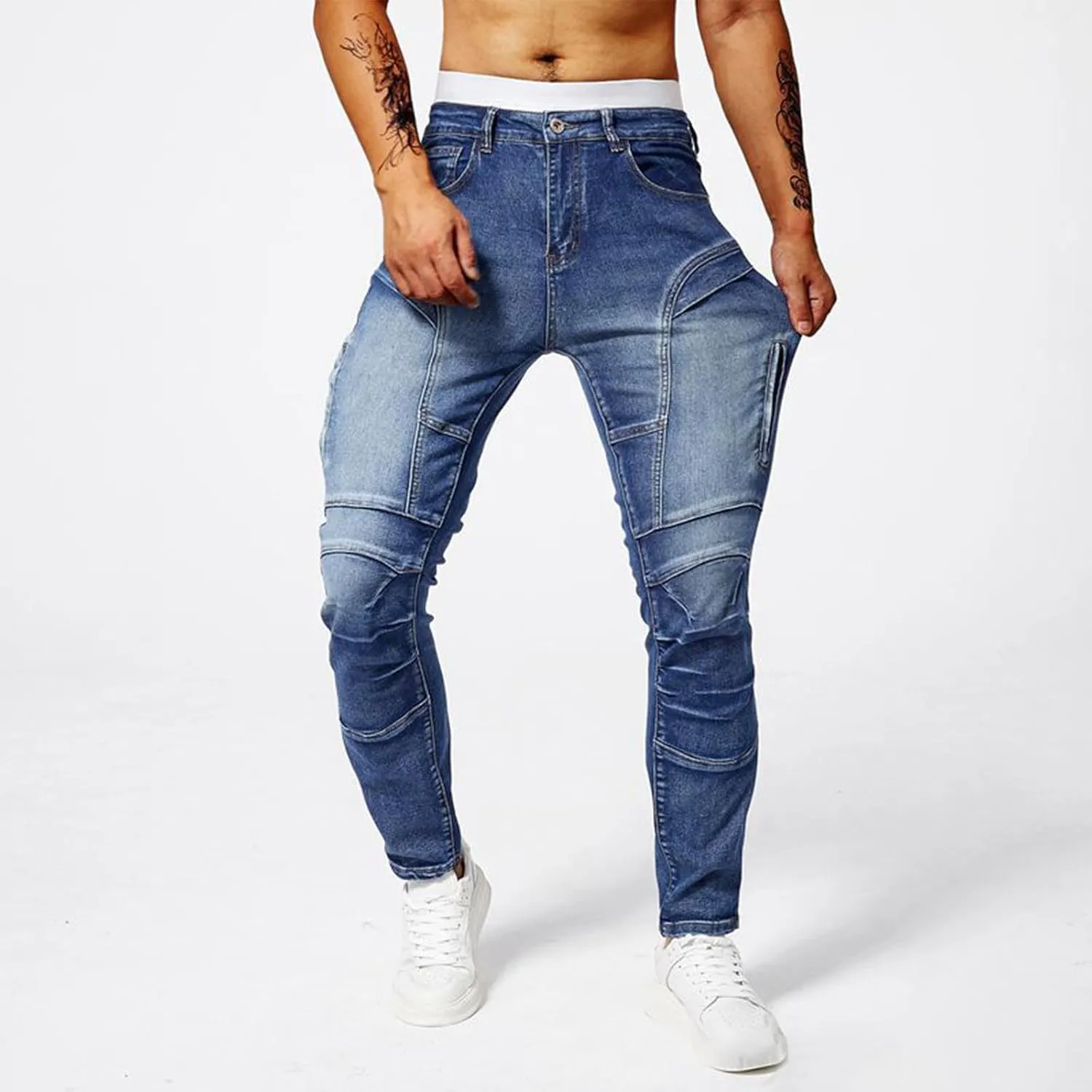 Men's Denim Pants Casual Stylish Steampunk Motorcycle Y2k Pants Distressed Slim Fit Tapered Trousers Jeans Streetwear