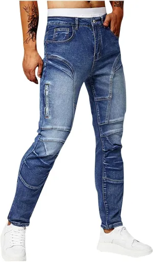 Men's Denim Pants Casual Stylish Steampunk Motorcycle Y2k Pants Distressed Slim Fit Tapered Trousers Jeans Streetwear