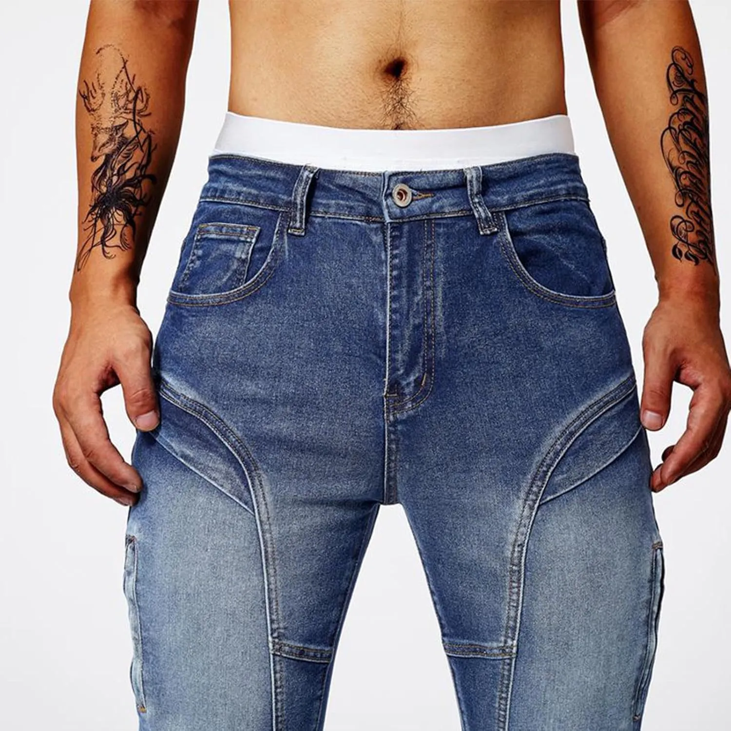 Men's Denim Pants Casual Stylish Steampunk Motorcycle Y2k Pants Distressed Slim Fit Tapered Trousers Jeans Streetwear