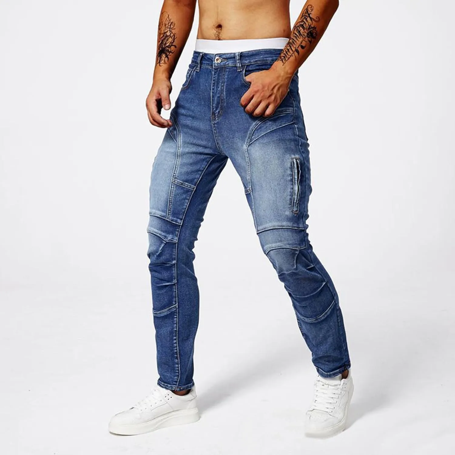 Men's Denim Pants Casual Stylish Steampunk Motorcycle Y2k Pants Distressed Slim Fit Tapered Trousers Jeans Streetwear