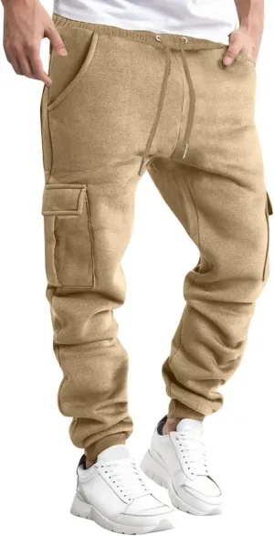 Men's Heavyweight Fleece Cargo Sweatpants Winter Drawstring Elastic Waist Joggers Baggy Cargo Pants Trousers with Pockets