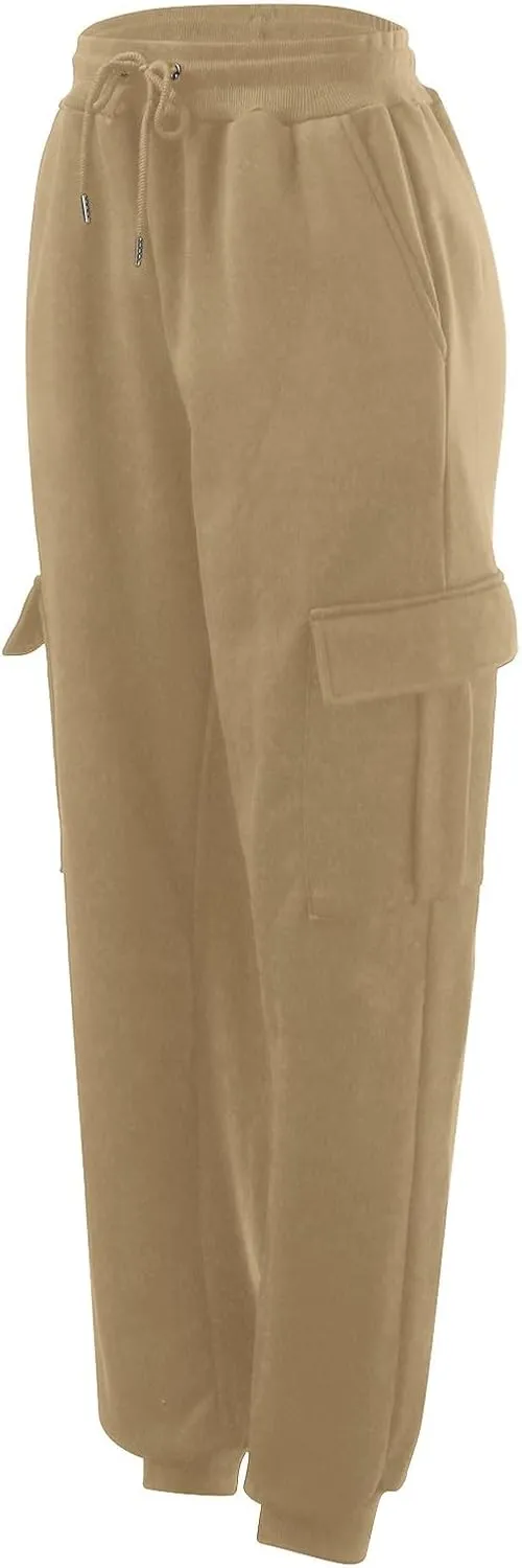 Men's Heavyweight Fleece Cargo Sweatpants Winter Drawstring Elastic Waist Joggers Baggy Cargo Pants Trousers with Pockets