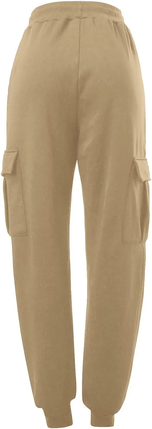 Men's Heavyweight Fleece Cargo Sweatpants Winter Drawstring Elastic Waist Joggers Baggy Cargo Pants Trousers with Pockets