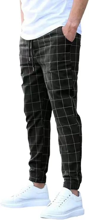 Men's Plaid Flat Front Chino Pants Skinny Slim Fit Stretch Suit Pant Stylish Casual Business Dress Trousers