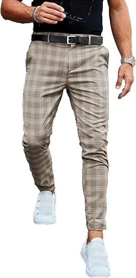 Men's Plaid Flat Front Chino Pants Skinny Slim Fit Stretch Suit Pant Stylish Casual Business Dress Trousers