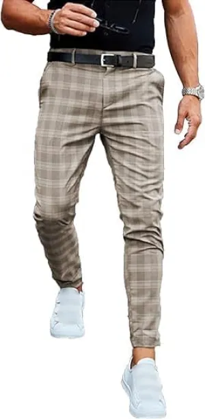Men's Plaid Flat Front Chino Pants Skinny Slim Fit Stretch Suit Pant Stylish Casual Business Dress Trousers