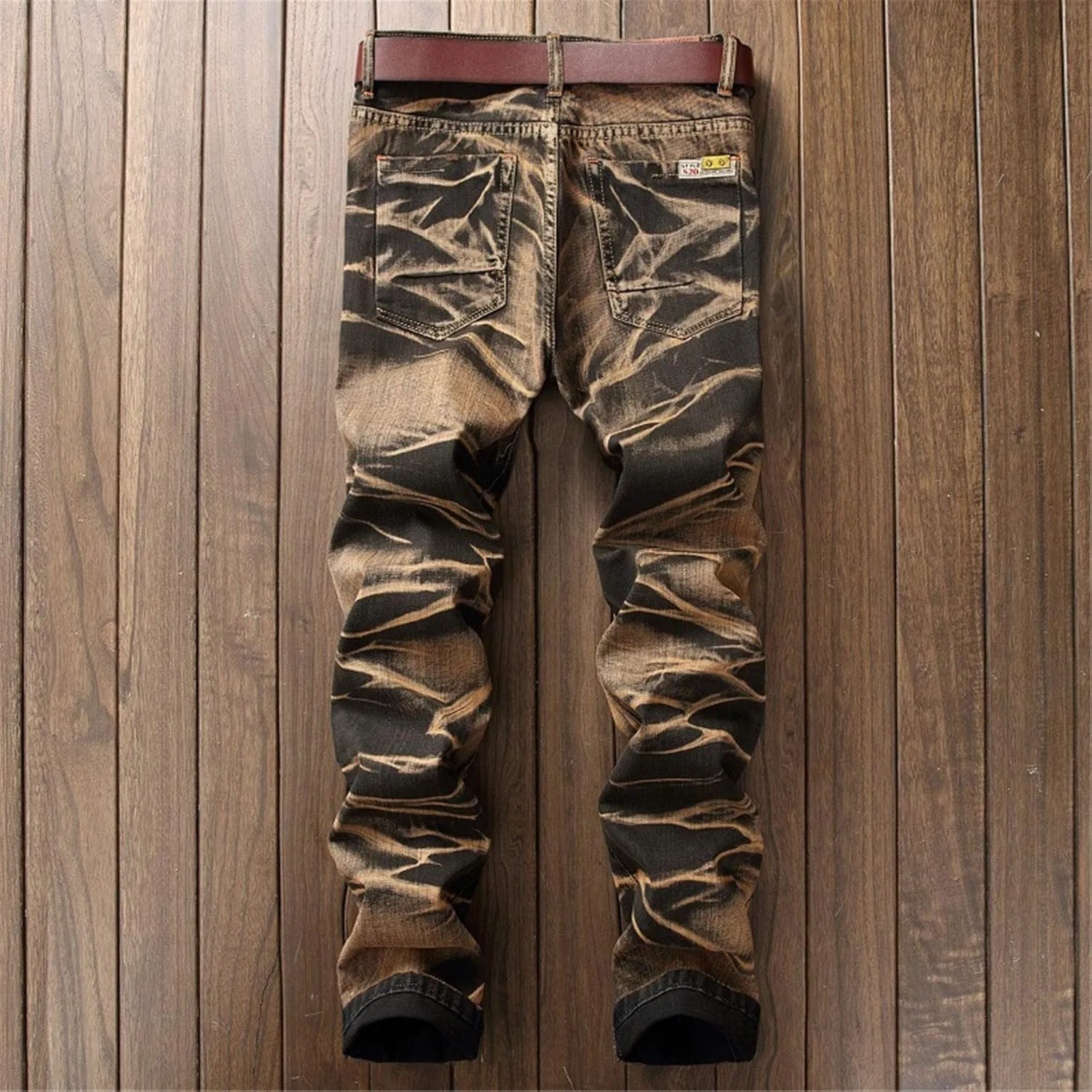 Men's Tie-Dyed Slim Jeans Distressed Mid Waist Stylish Denim Patns Comfort Washed Fashion Cool Jean Trousers