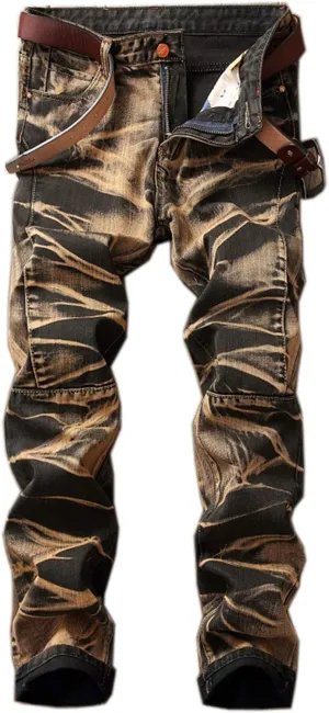 Men's Tie-Dyed Slim Jeans Distressed Mid Waist Stylish Denim Patns Comfort Washed Fashion Cool Jean Trousers