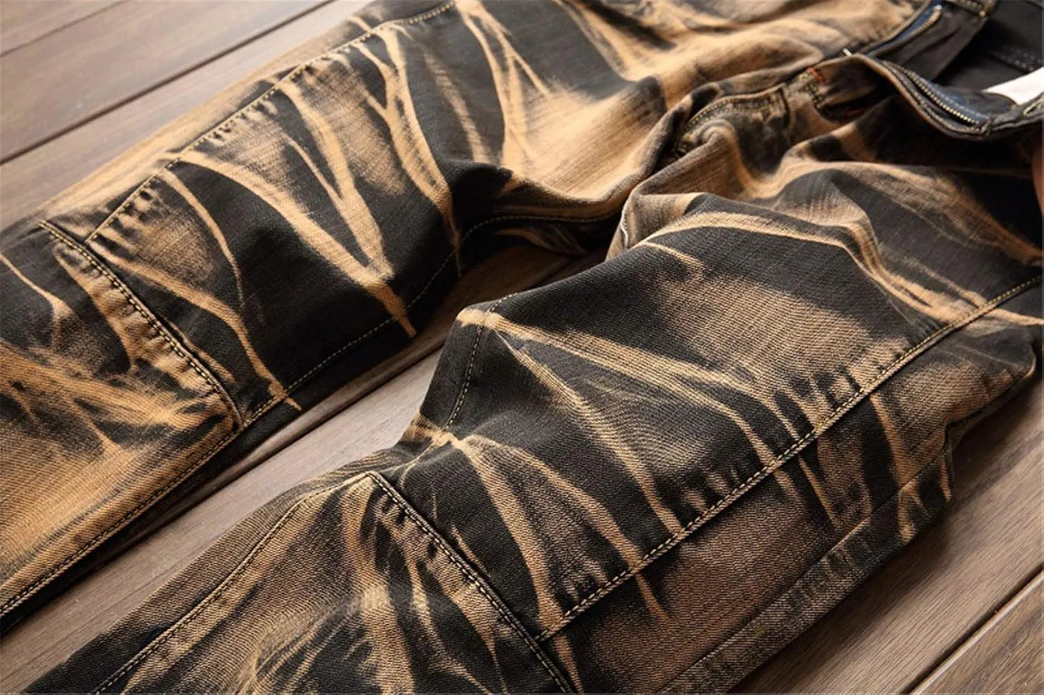 Men's Tie-Dyed Slim Jeans Distressed Mid Waist Stylish Denim Patns Comfort Washed Fashion Cool Jean Trousers