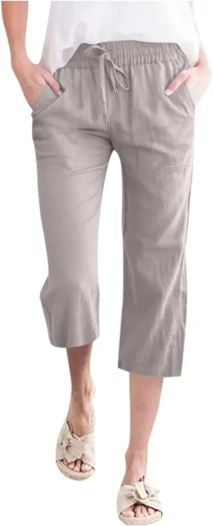 Petite Pants For Women Summer Cropped Linen Trouser Elastic Waist Drawstring 3/4 Length Pant Lightweight Loose Pant