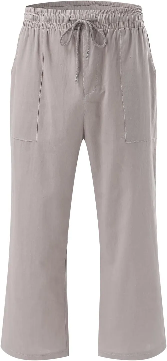 Petite Pants For Women Summer Cropped Linen Trouser Elastic Waist Drawstring 3/4 Length Pant Lightweight Loose Pant