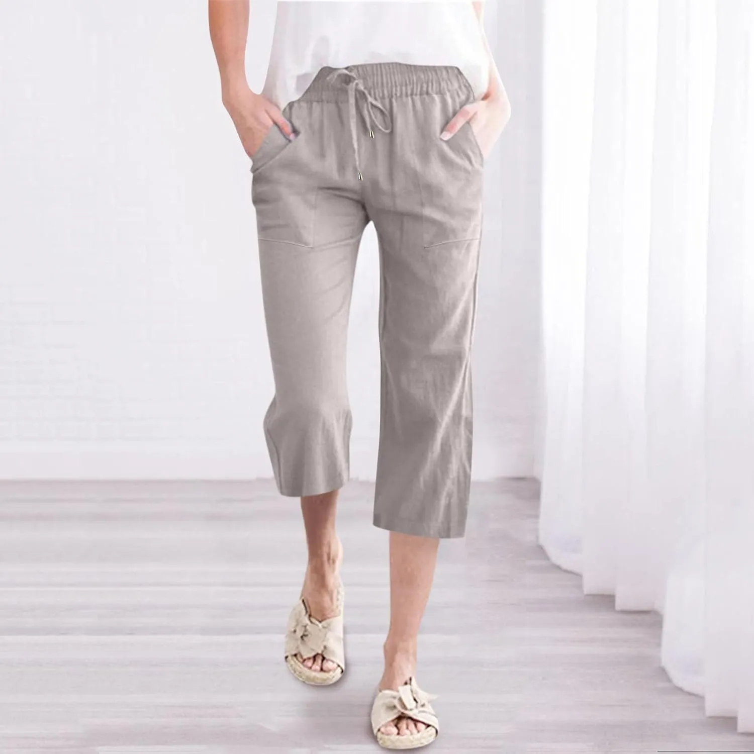 Petite Pants For Women Summer Cropped Linen Trouser Elastic Waist Drawstring 3/4 Length Pant Lightweight Loose Pant