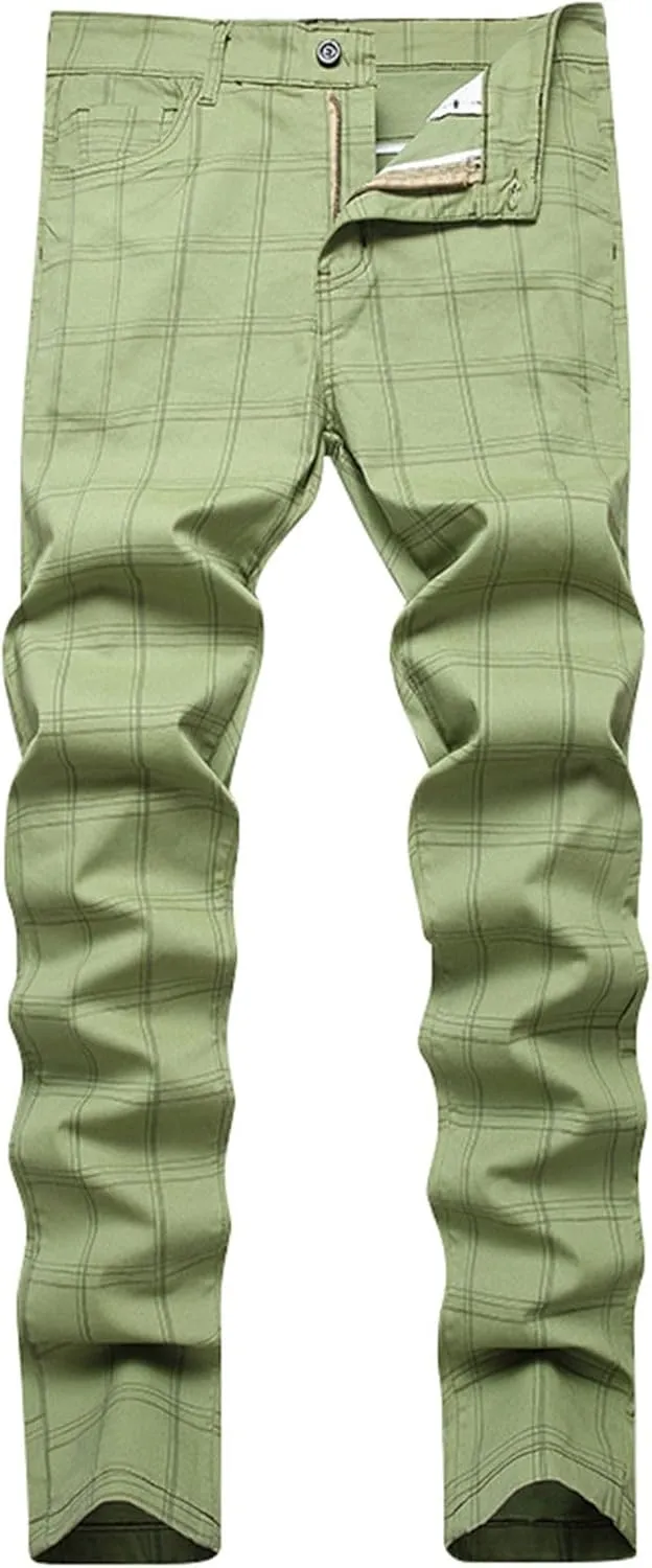 Plaid Pants for Men Straight Leg Stretch Slim Fit Dress Pant Skinny Flat Front Stylish Business Casual Chinos Pant