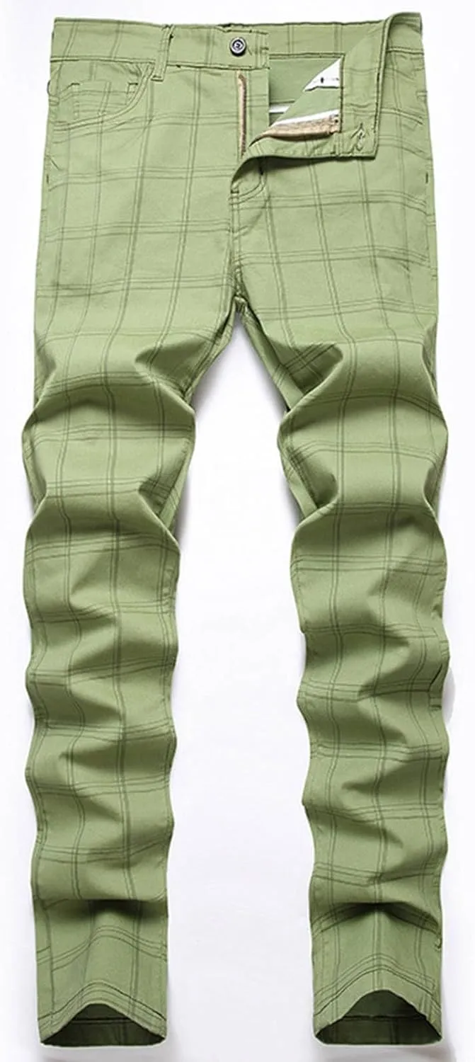 Plaid Pants for Men Straight Leg Stretch Slim Fit Dress Pant Skinny Flat Front Stylish Business Casual Chinos Pant