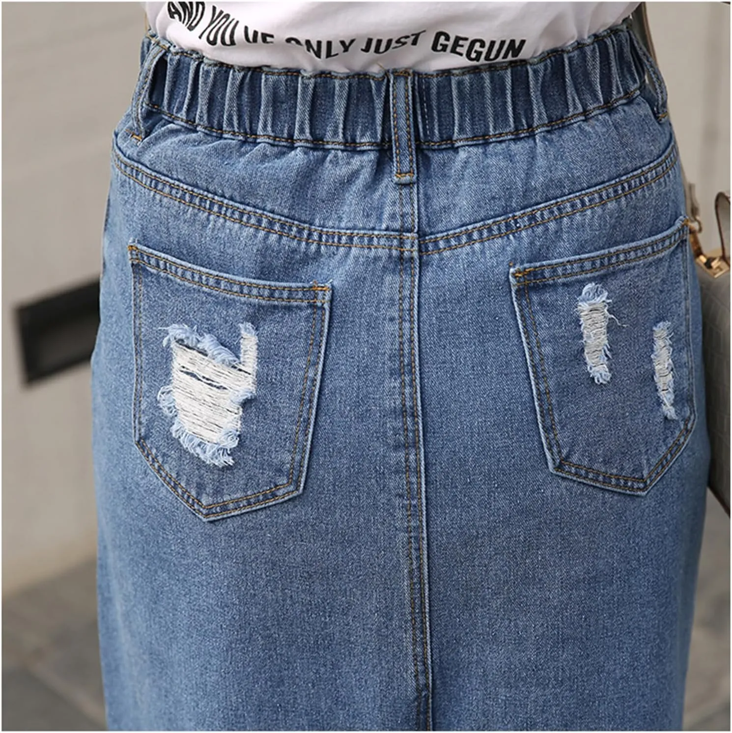 Plus Size Jean Skirts for Women Denim Midi Ripped Casual Raw Hem Jean Skirt High Waisted Slit Stylish Skirt