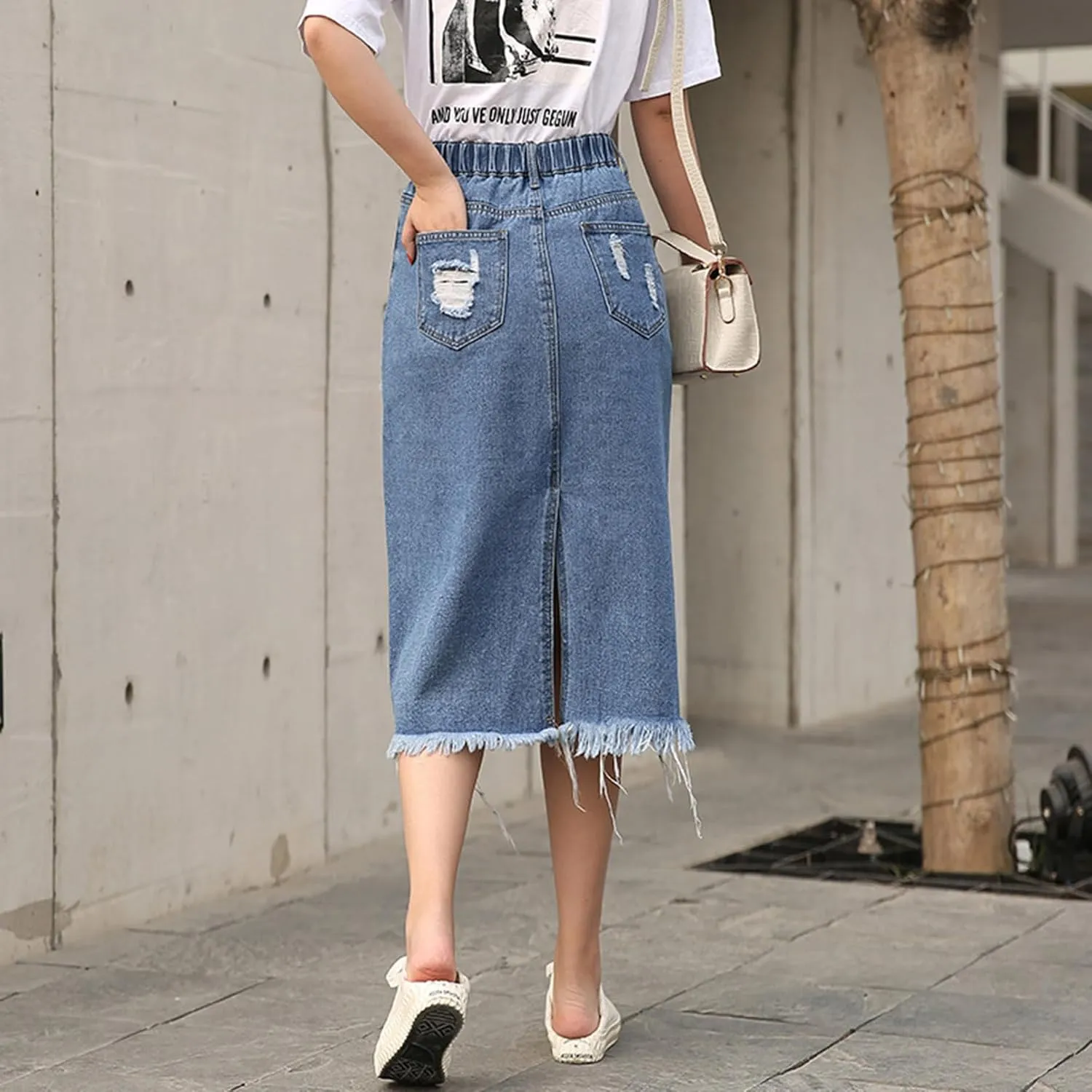 Plus Size Jean Skirts for Women Denim Midi Ripped Casual Raw Hem Jean Skirt High Waisted Slit Stylish Skirt