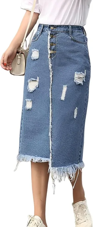 Plus Size Jean Skirts for Women Denim Midi Ripped Casual Raw Hem Jean Skirt High Waisted Slit Stylish Skirt
