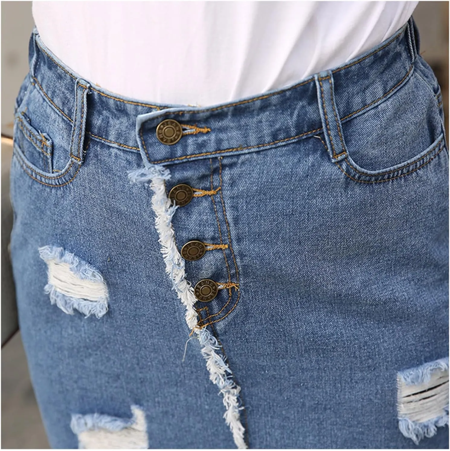 Plus Size Jean Skirts for Women Denim Midi Ripped Casual Raw Hem Jean Skirt High Waisted Slit Stylish Skirt