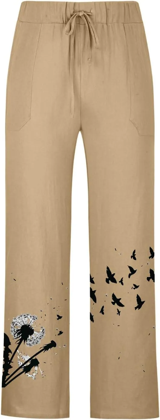 Plus Size Linen Pants Casual Stylish Cotton Linen Trousers Loose Drawstring Elastic Waist Print Solid Sweatpants