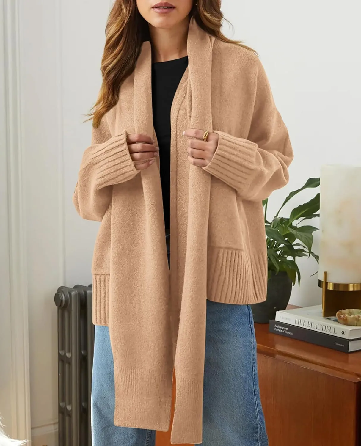 PRETTYGARDEN Women's 2024 Fall Fashion Knit Cardigan Sweaters Long Sleeve V Neck Open Front Winter Sweater Jacket with Scarf