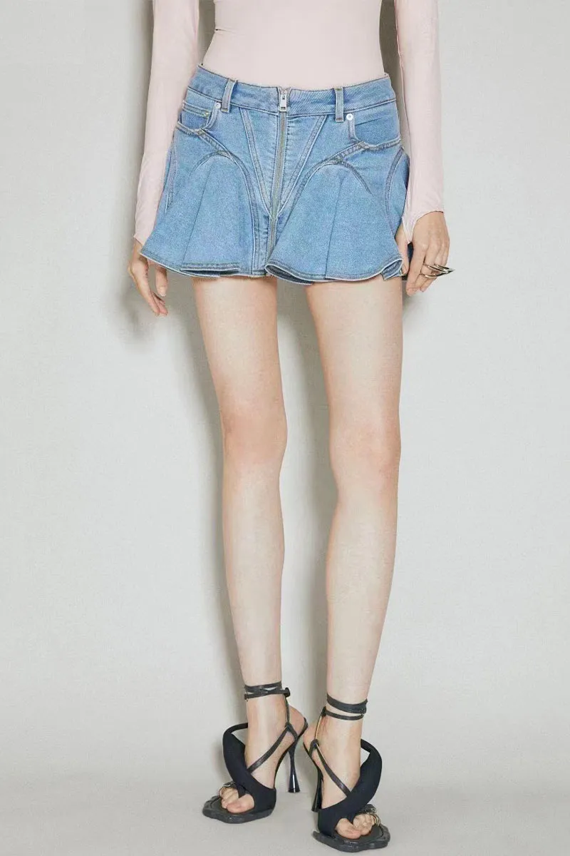 QK686 Ruffle Denim Mini Skirt