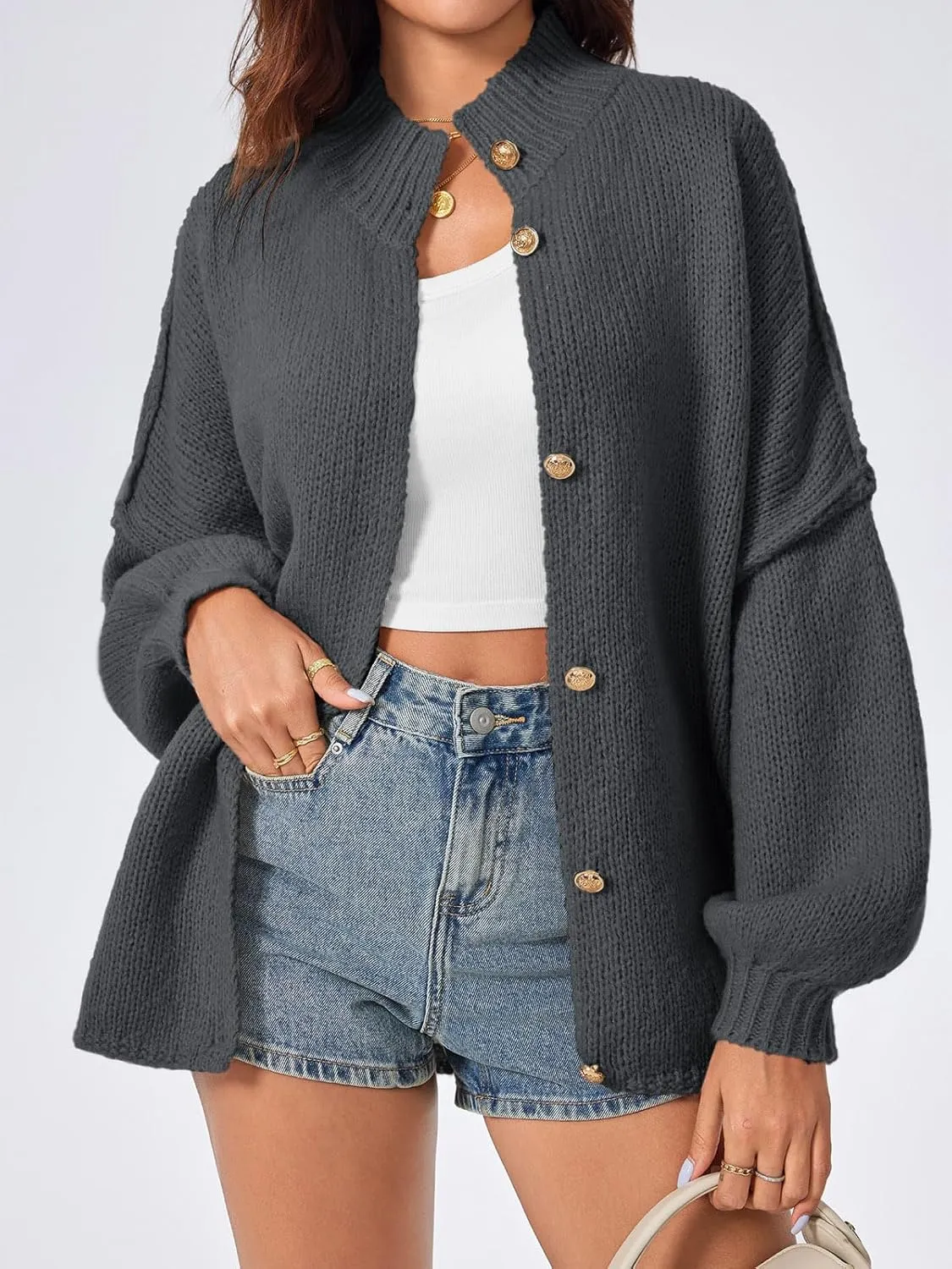 Saodimallsu Womens Oversized Cardigans Long Lantern Sleeve Button Down Chunky Knit Loose Fall Sweater Coats
