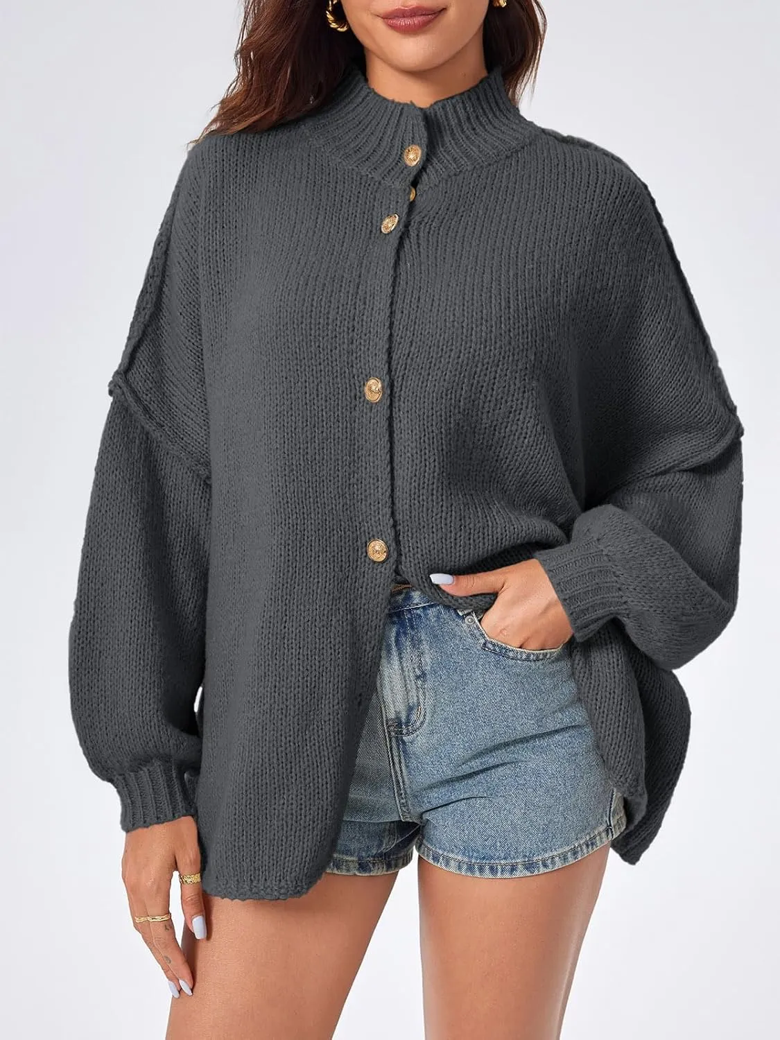 Saodimallsu Womens Oversized Cardigans Long Lantern Sleeve Button Down Chunky Knit Loose Fall Sweater Coats