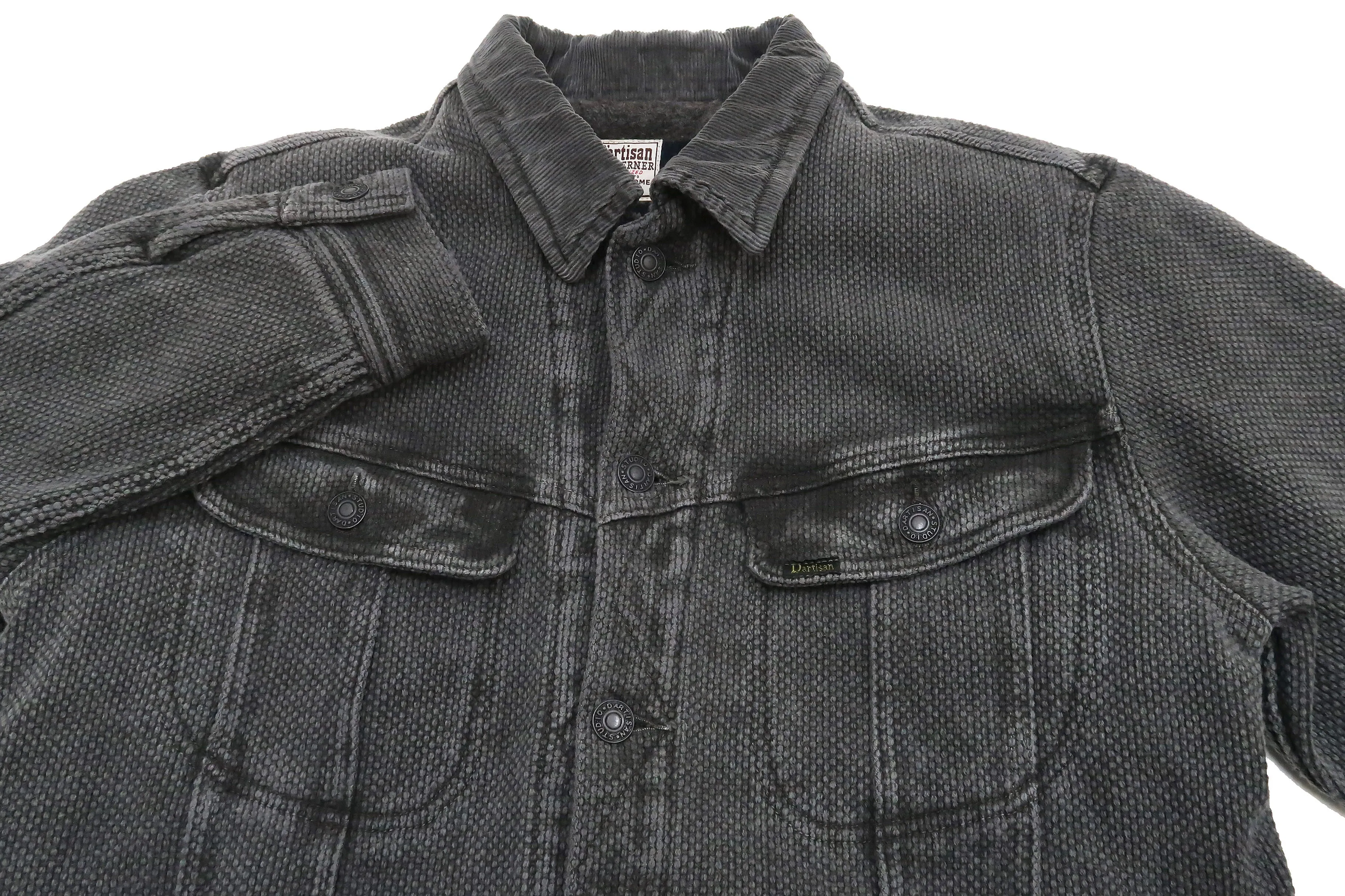 Studio Dartisan Mens Kusaki Zome Sashiko Jacket - Modified Lee 101 Storm Rider in Natural Charcoal Dye