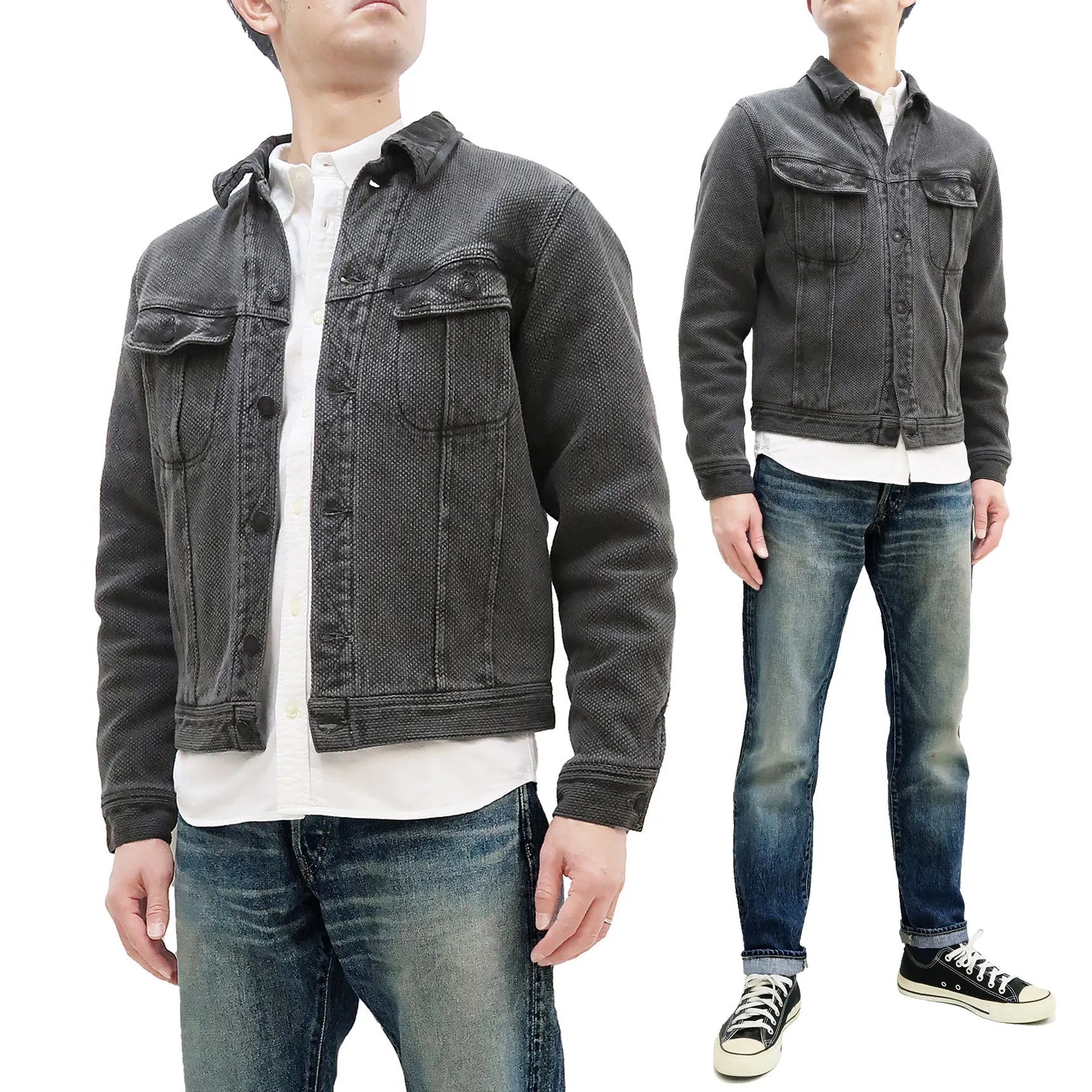 Studio Dartisan Mens Kusaki Zome Sashiko Jacket - Modified Lee 101 Storm Rider in Natural Charcoal Dye
