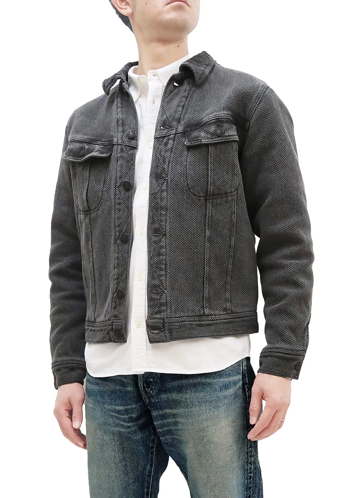 Studio Dartisan Mens Kusaki Zome Sashiko Jacket - Modified Lee 101 Storm Rider in Natural Charcoal Dye