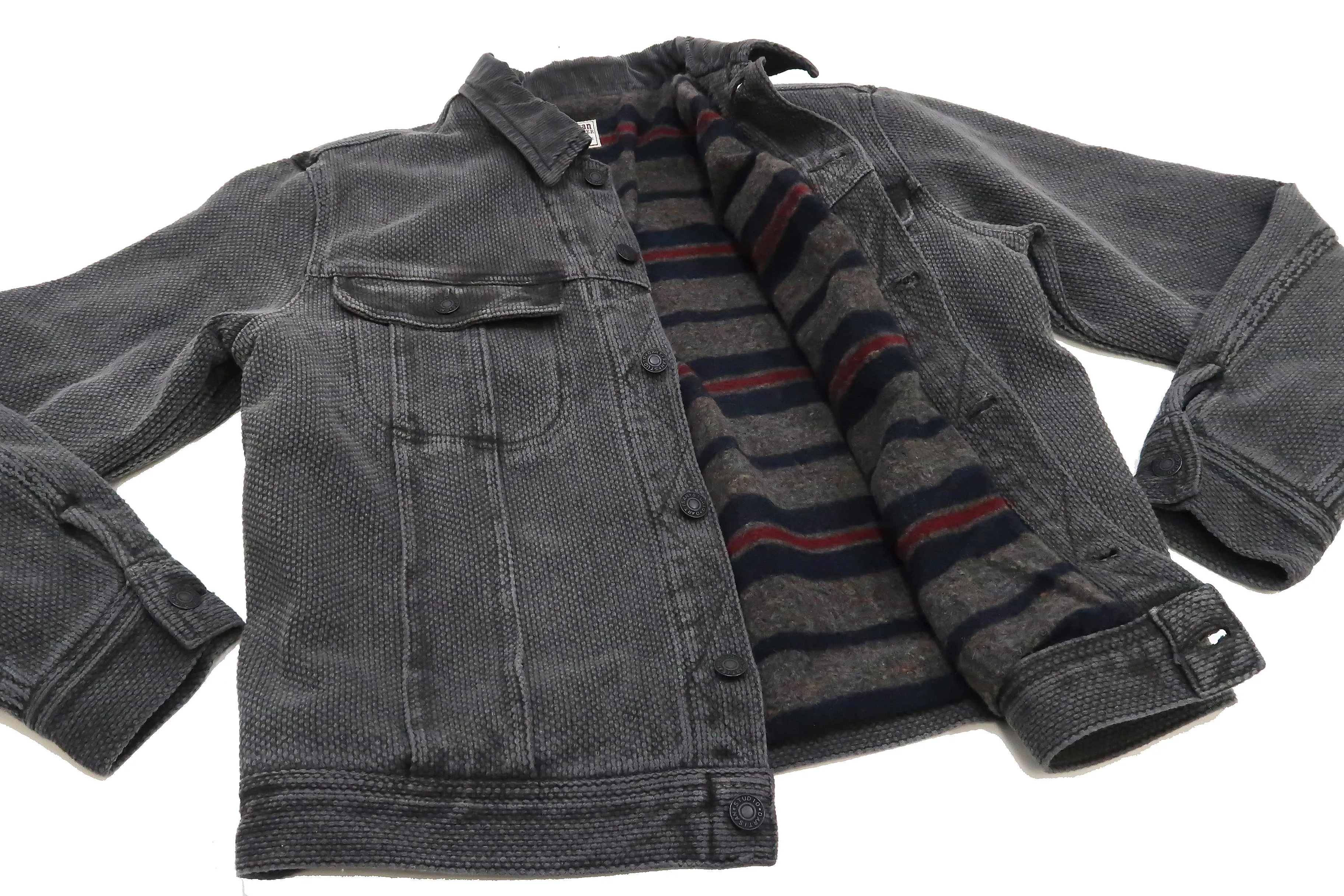 Studio Dartisan Mens Kusaki Zome Sashiko Jacket - Modified Lee 101 Storm Rider in Natural Charcoal Dye