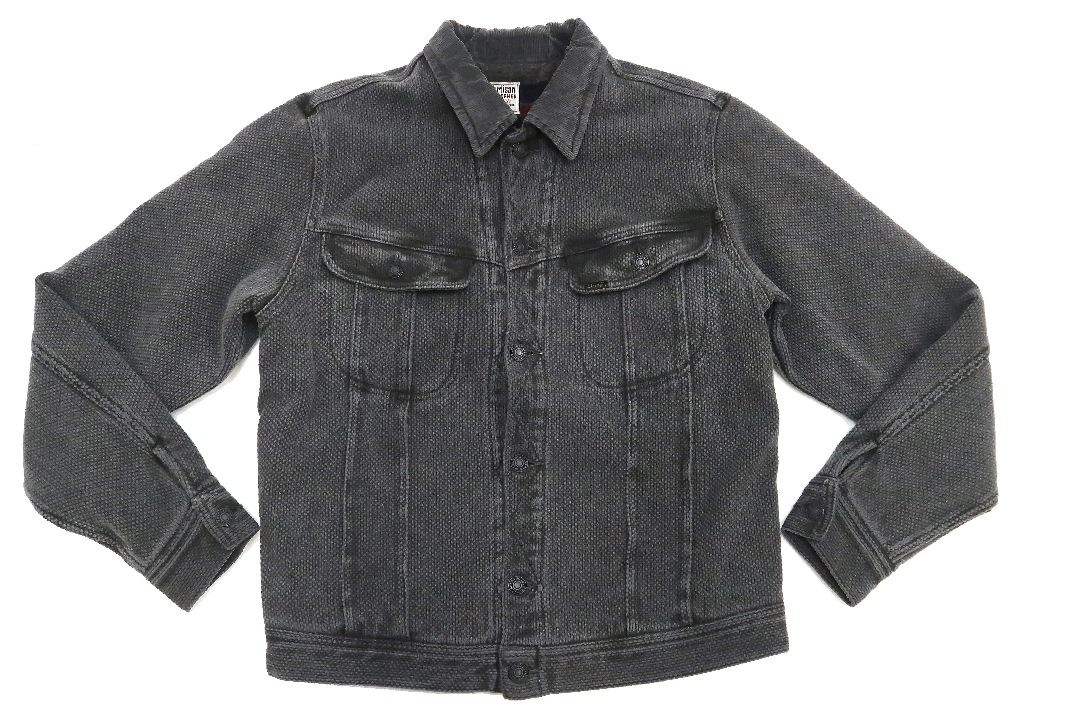Studio Dartisan Mens Kusaki Zome Sashiko Jacket - Modified Lee 101 Storm Rider in Natural Charcoal Dye