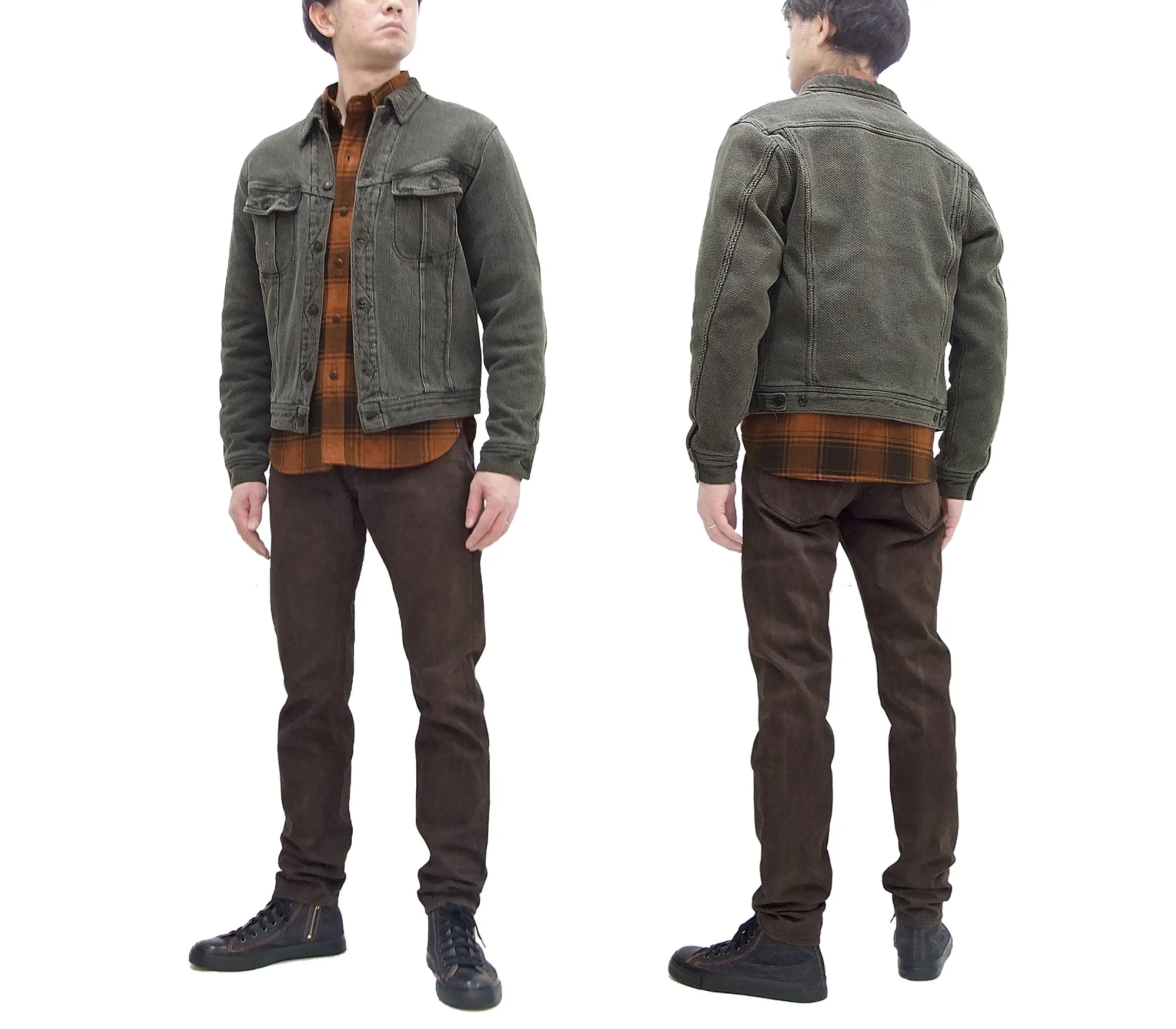 Studio Dartisan Mens Kusaki Zome Sashiko Jacket - Modified Lee 101 Storm Rider in Natural Charcoal Dye