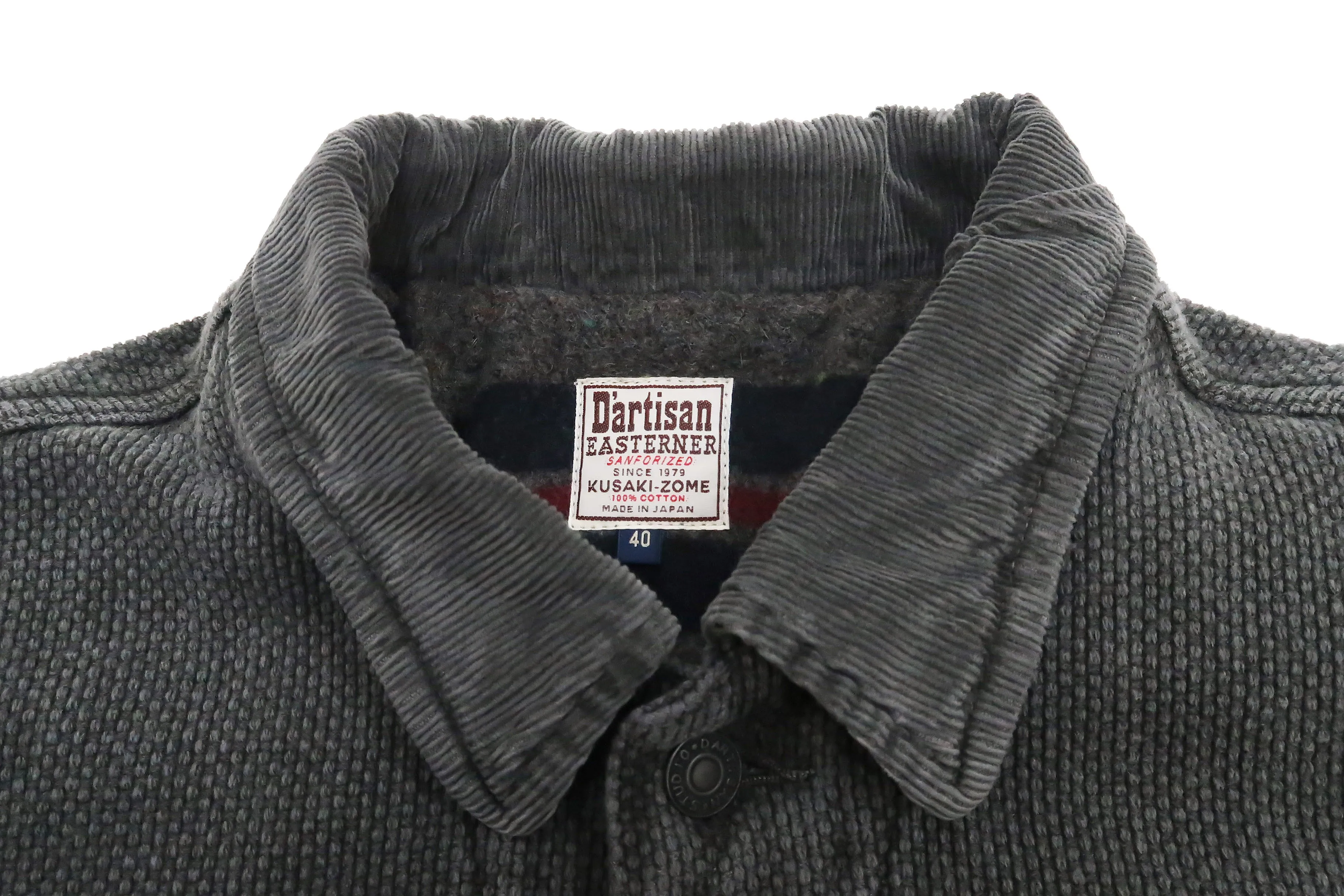 Studio Dartisan Mens Kusaki Zome Sashiko Jacket - Modified Lee 101 Storm Rider in Natural Charcoal Dye