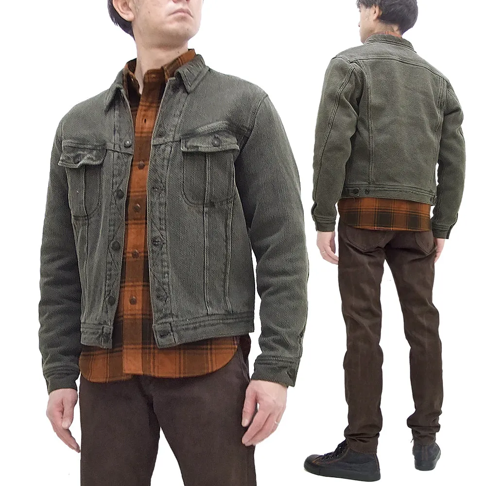 Studio Dartisan Mens Kusaki Zome Sashiko Jacket - Modified Lee 101 Storm Rider in Natural Charcoal Dye