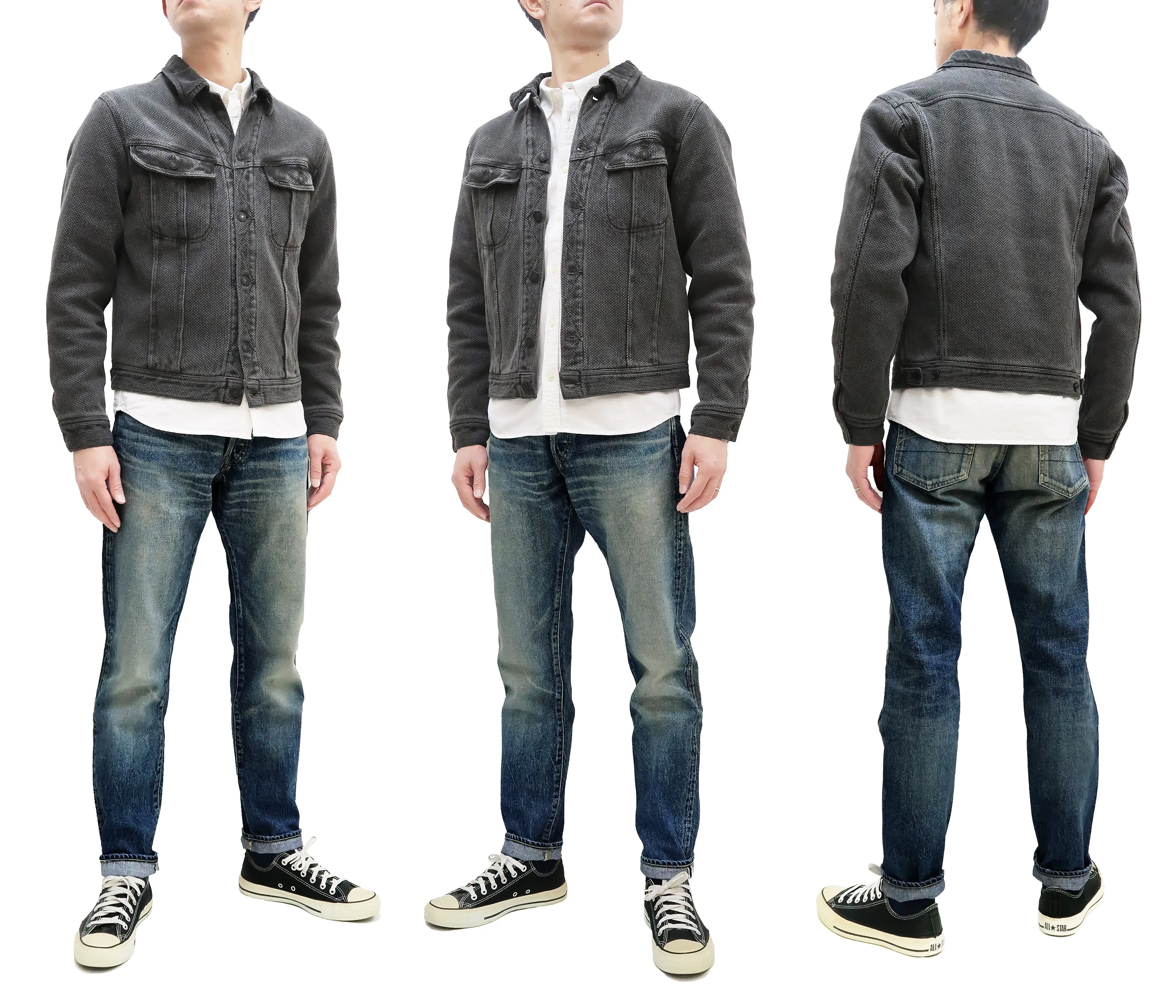 Studio Dartisan Mens Kusaki Zome Sashiko Jacket - Modified Lee 101 Storm Rider in Natural Charcoal Dye