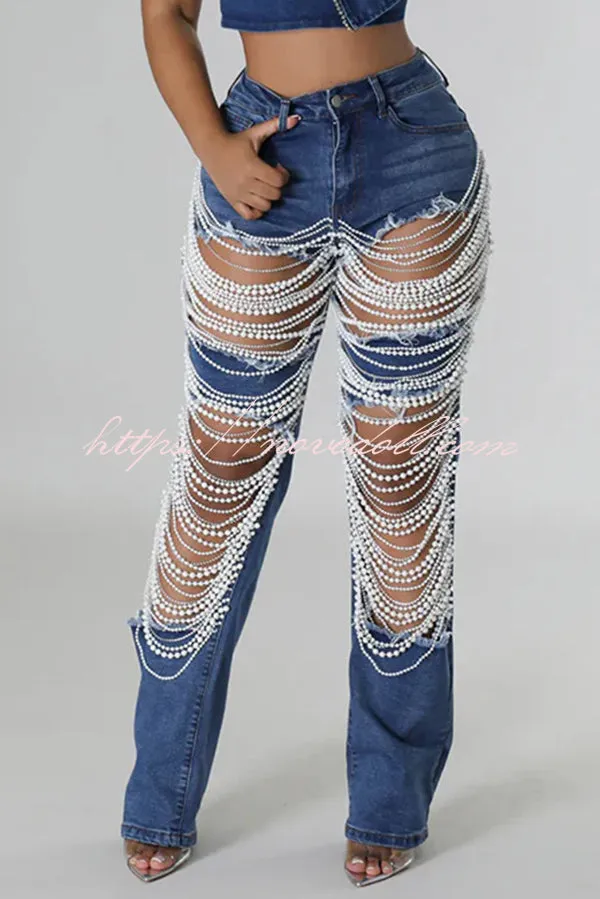 Stylish Multi-layered Pearl Chain Ripped Pocket Straight Jeans