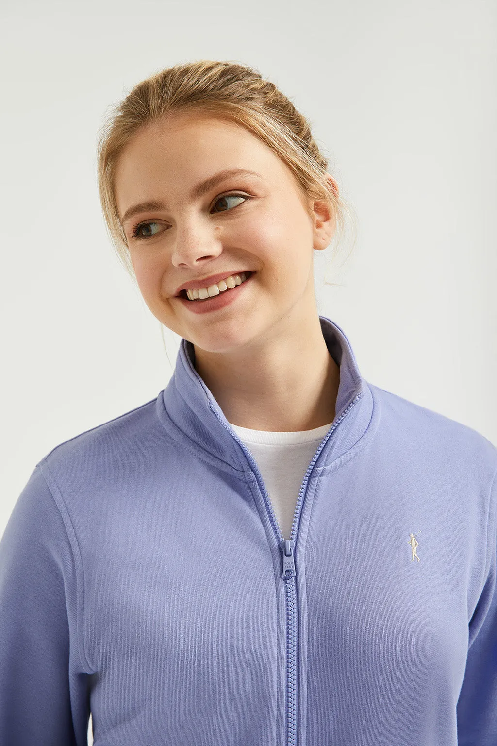 Sudadera abierta azul lavanda de cuello elevado con logo Rigby Go