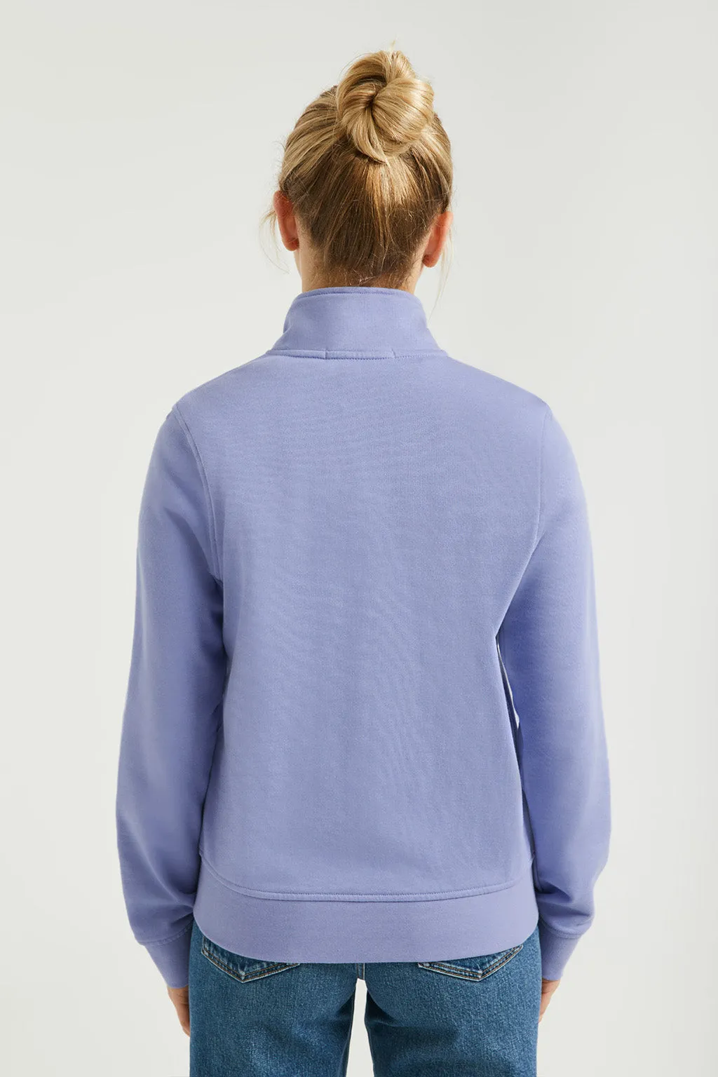 Sudadera abierta azul lavanda de cuello elevado con logo Rigby Go
