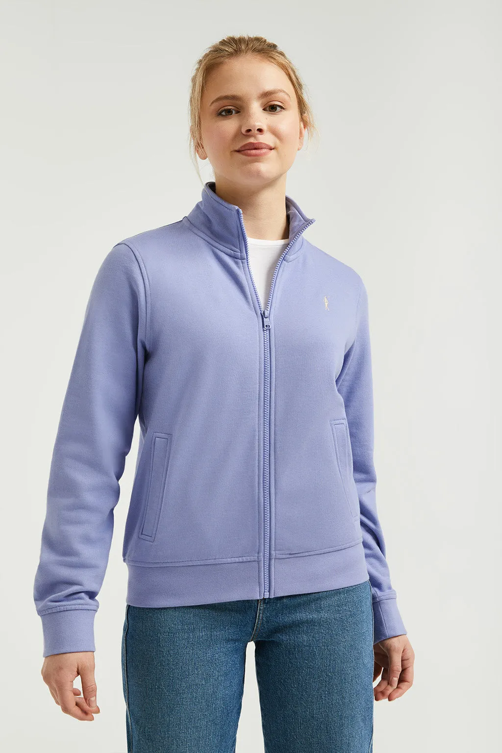 Sudadera abierta azul lavanda de cuello elevado con logo Rigby Go