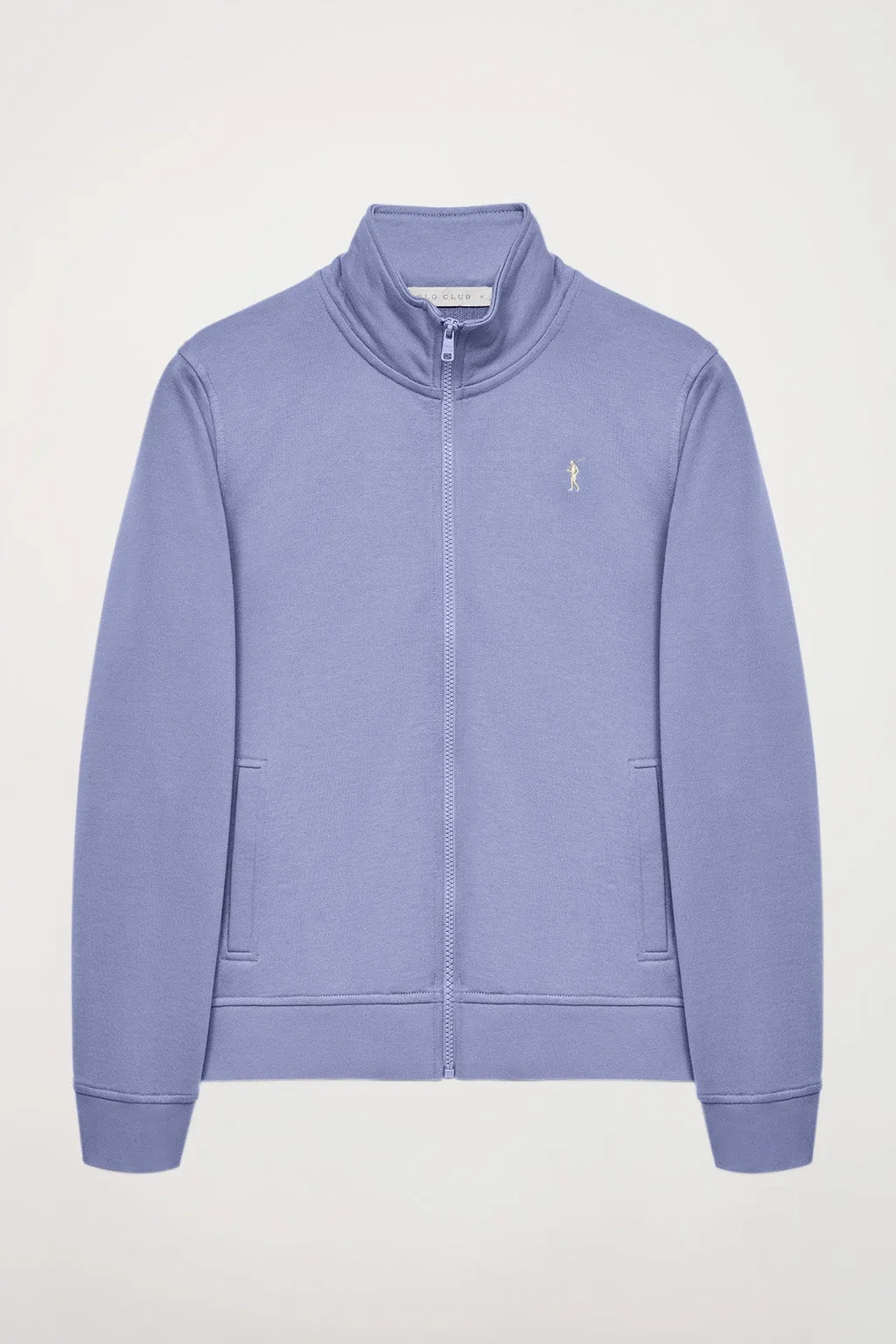 Sudadera abierta azul lavanda de cuello elevado con logo Rigby Go