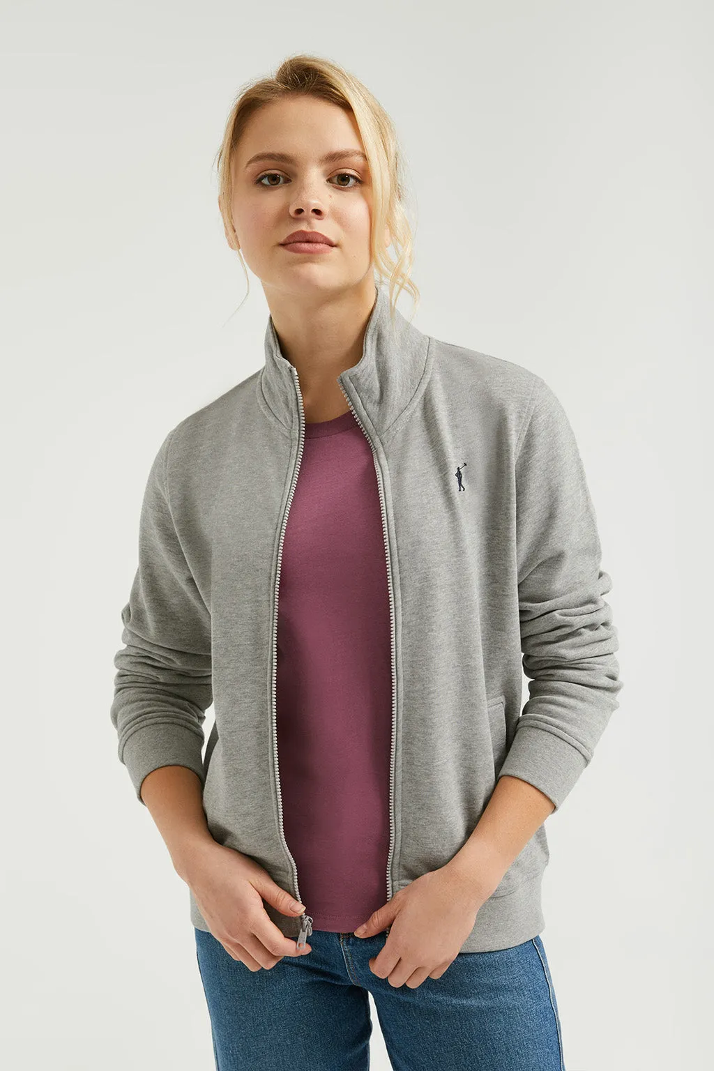 Sudadera abierta gris vigoré de cuello elevado con logo Rigby Go