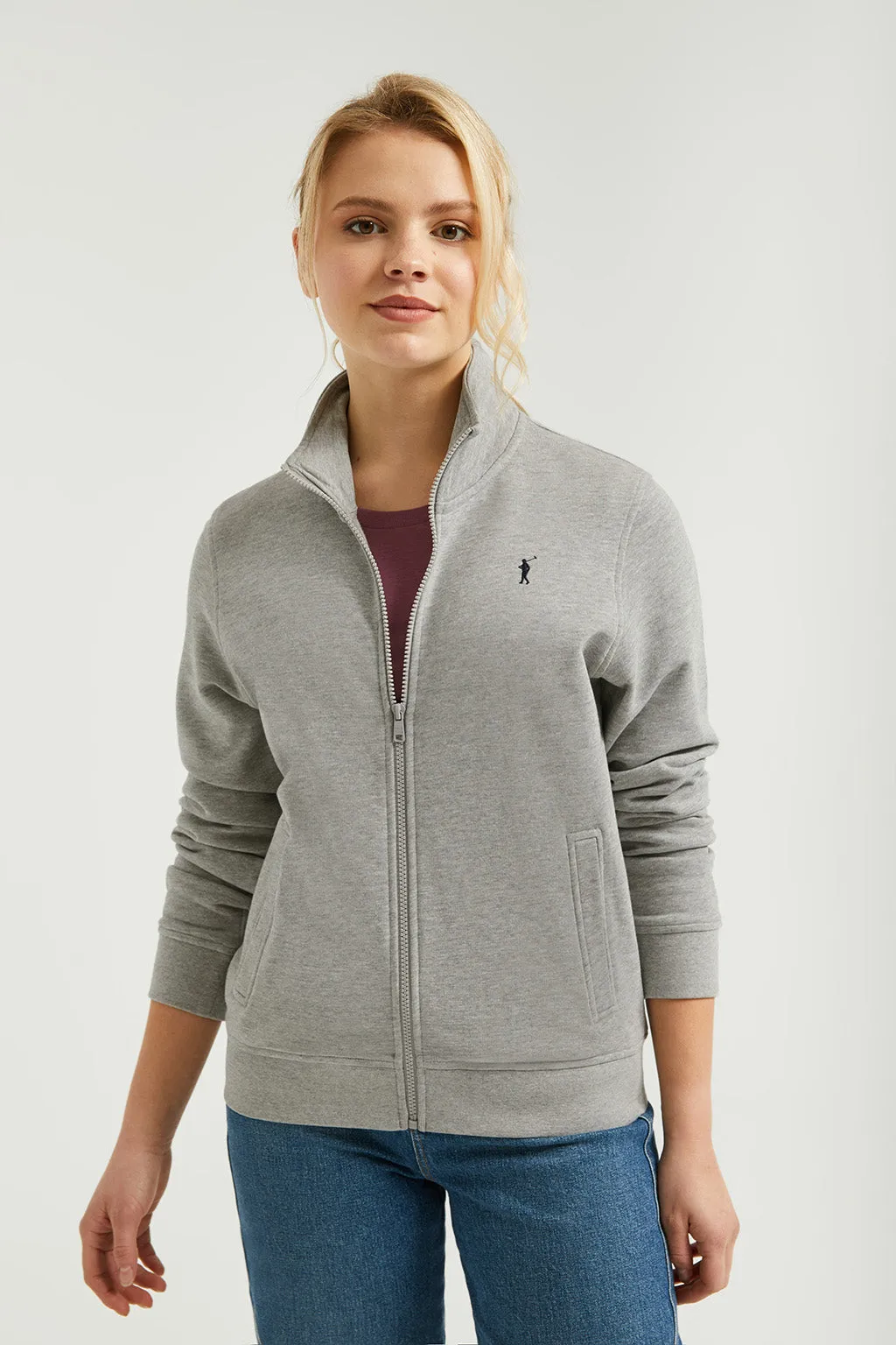 Sudadera abierta gris vigoré de cuello elevado con logo Rigby Go