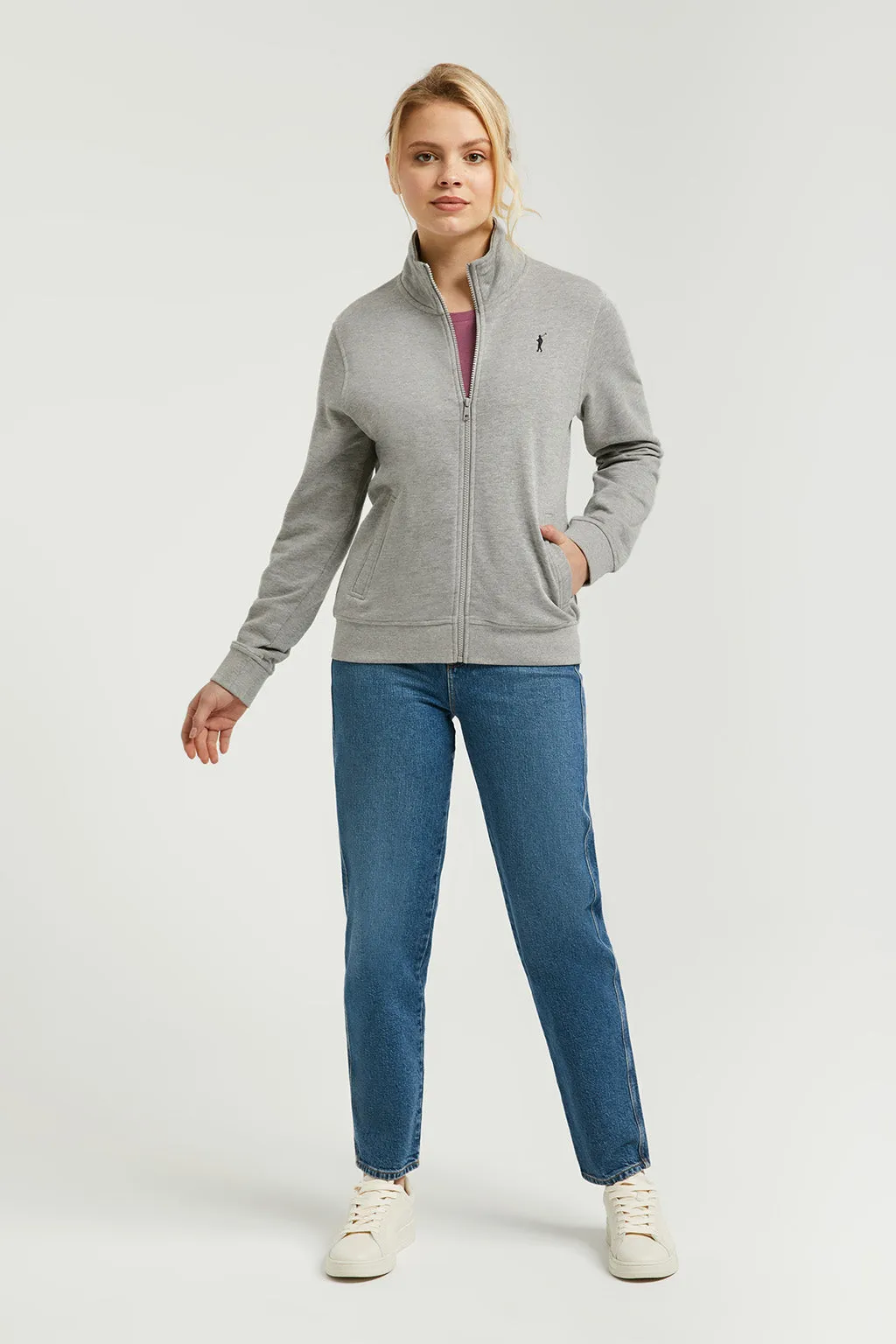 Sudadera abierta gris vigoré de cuello elevado con logo Rigby Go