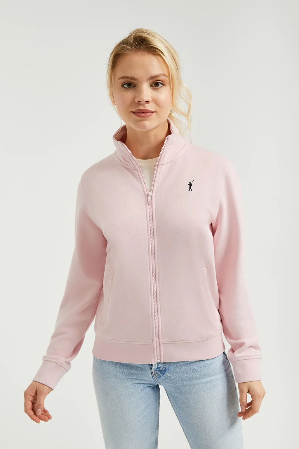 Sudadera abierta rosa de cuello elevado con logo Rigby Go
